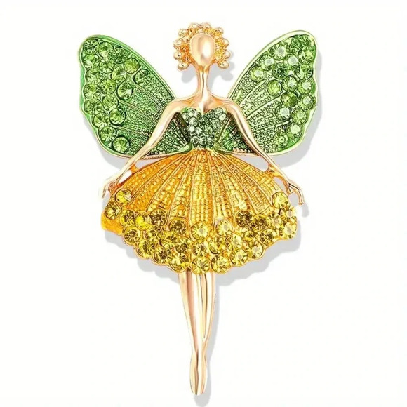 Colorful Ballet Dance Fairy with Wings Sparkly Goldtoned Rhinestone Brooch Pin - Picture 1 of 2